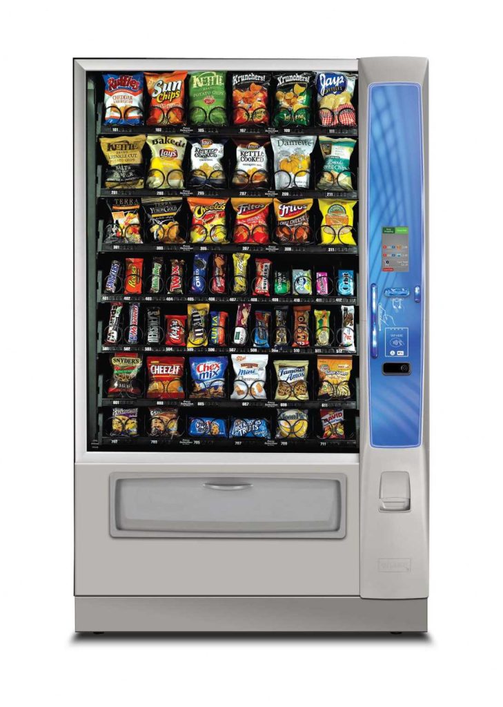 A gray modern office vending machine. Office Vending Machines​ from Avcoa Vending, Chicago, IL.