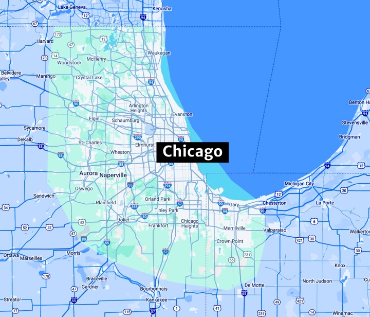 Avcoa Vending service area map in Chicago, IL, and surrounding communities.